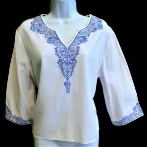 LiNeN Blend Anne Carson Top Glass Beads Embroidery Bell Sleeve Side Vents Boho L